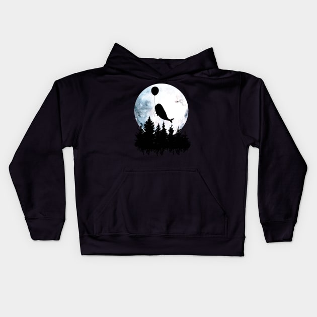 Whale flies with a balloon over forest, black silhouette on the full moon Kids Hoodie by Collagedream